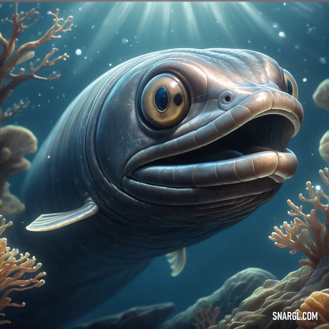 Fish with a big smile on its face and eyes is swimming in the ocean with corals and seaweed