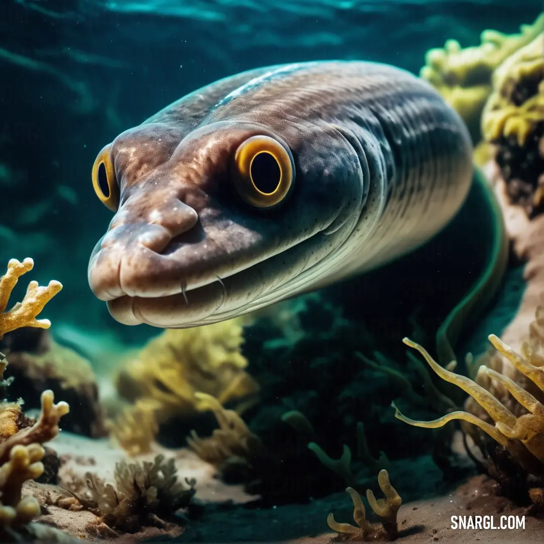 Fish with a large yellow eyes is swimming in the water near some corals and seaweeds