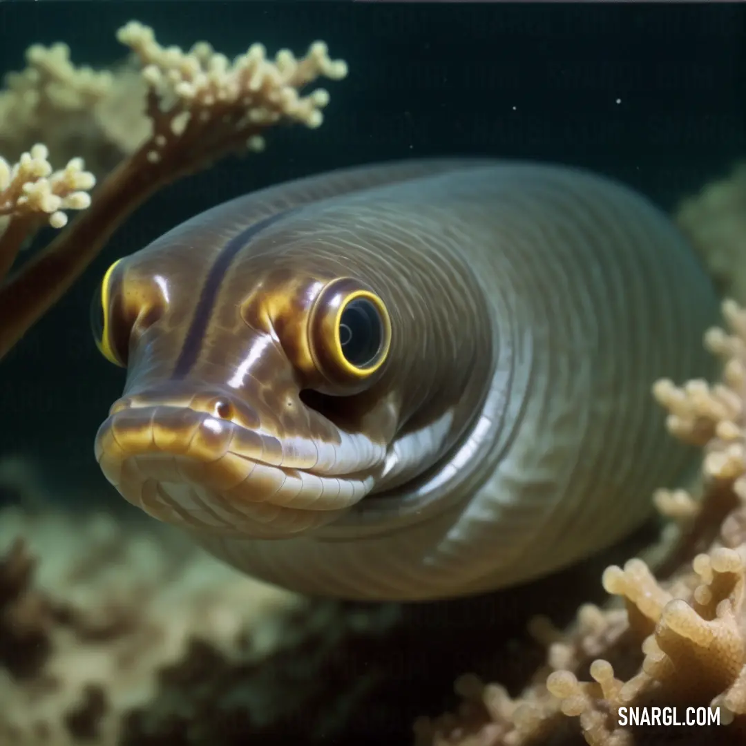 Fish with a yellow eye and a black nose is swimming in the water near some corals and seaweed