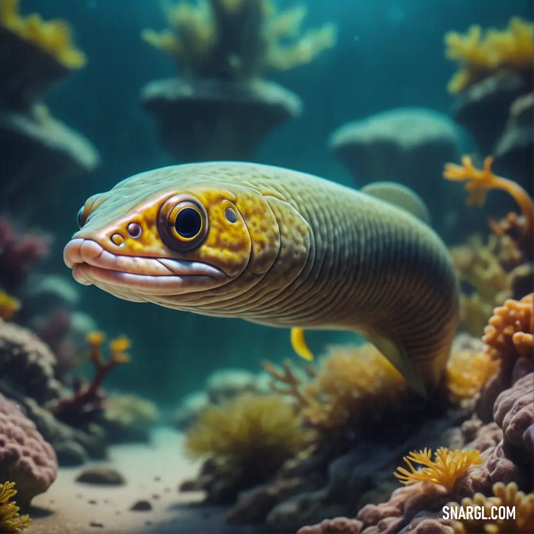 Fish with a yellow face and a black nose is swimming in a coral reef with other corals