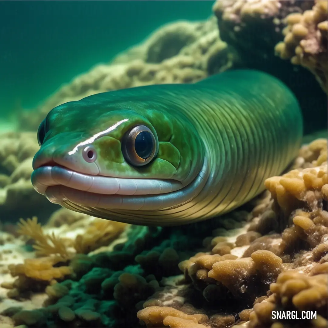 Green fish with a large smile on its face and eyes
