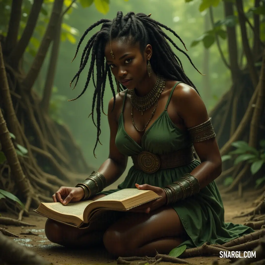 A serene scene of a woman in a green dress reading in a peaceful forest surrounded by ancient trees and roots. A young woman dressed in an elegant green gown, sitting cross-legged on the forest floor, absorbed in a book. Tall trees surround her, with twisting roots peeking out from the earth and a soft golden light filtering through the leaves above.