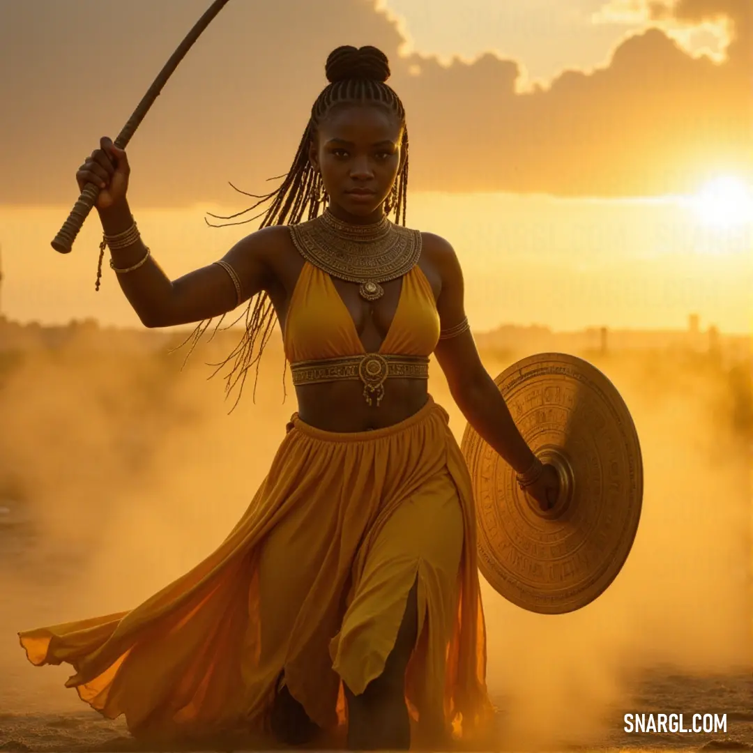 Efua in a yellow dress with a sword and shield in the desert, with dust swirling under the sunset sky. Efua, in a yellow dress, stands tall in the desert, her sword and shield in hand as the dust swirls around her. The orange glow of the setting sun creates an aura of power as she faces the vast, empty horizon.