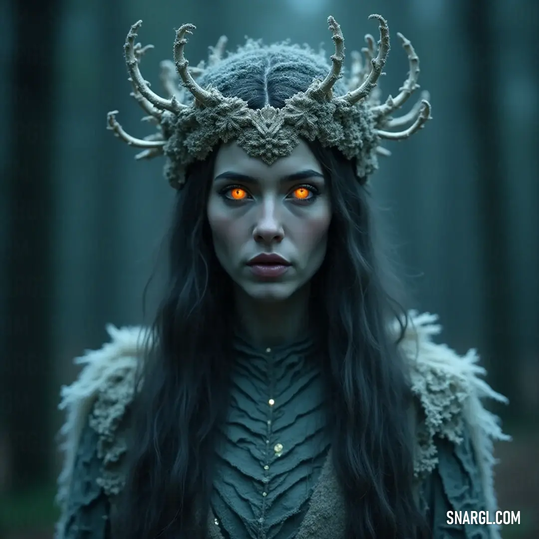 A mysterious figure with striking red eyes and twisting horns stands within an ethereal forest, surrounded by shadows and ancient trees, her wild expression revealing some arcane secret.
