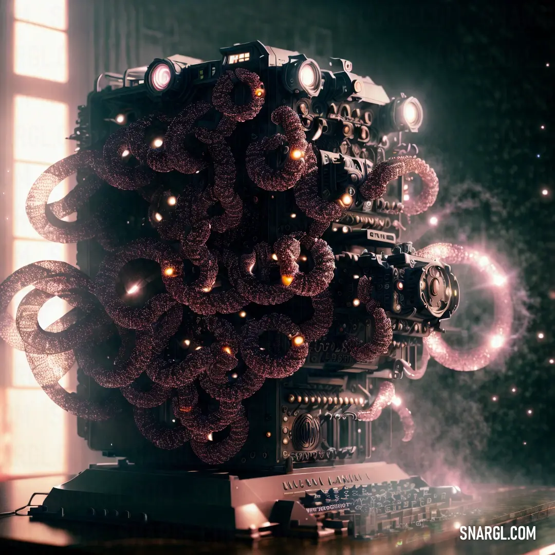 Computer with a bunch of donuts on it's back end and lights on the top of it