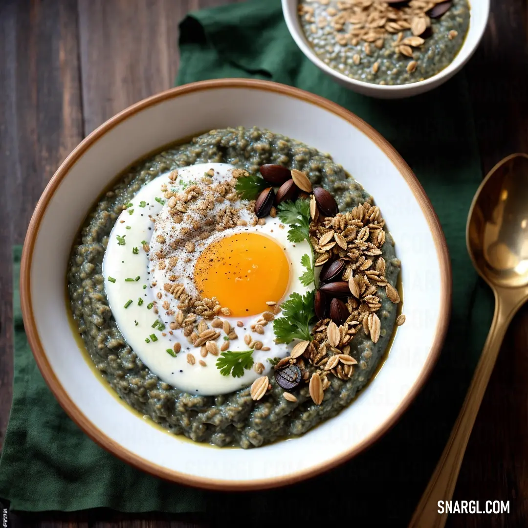 Eggplant color example: Bowl of oatmeal with an egg on top and nuts on the side with a spoon, Art Green