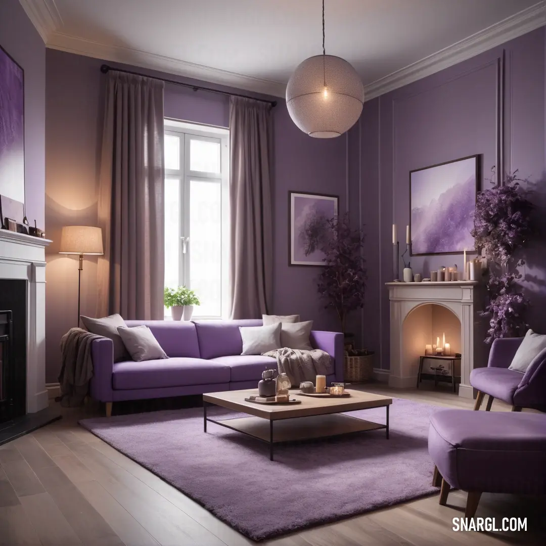 Eggplant color. Living room with purple walls and a fireplace and a couch and chair and a coffee table