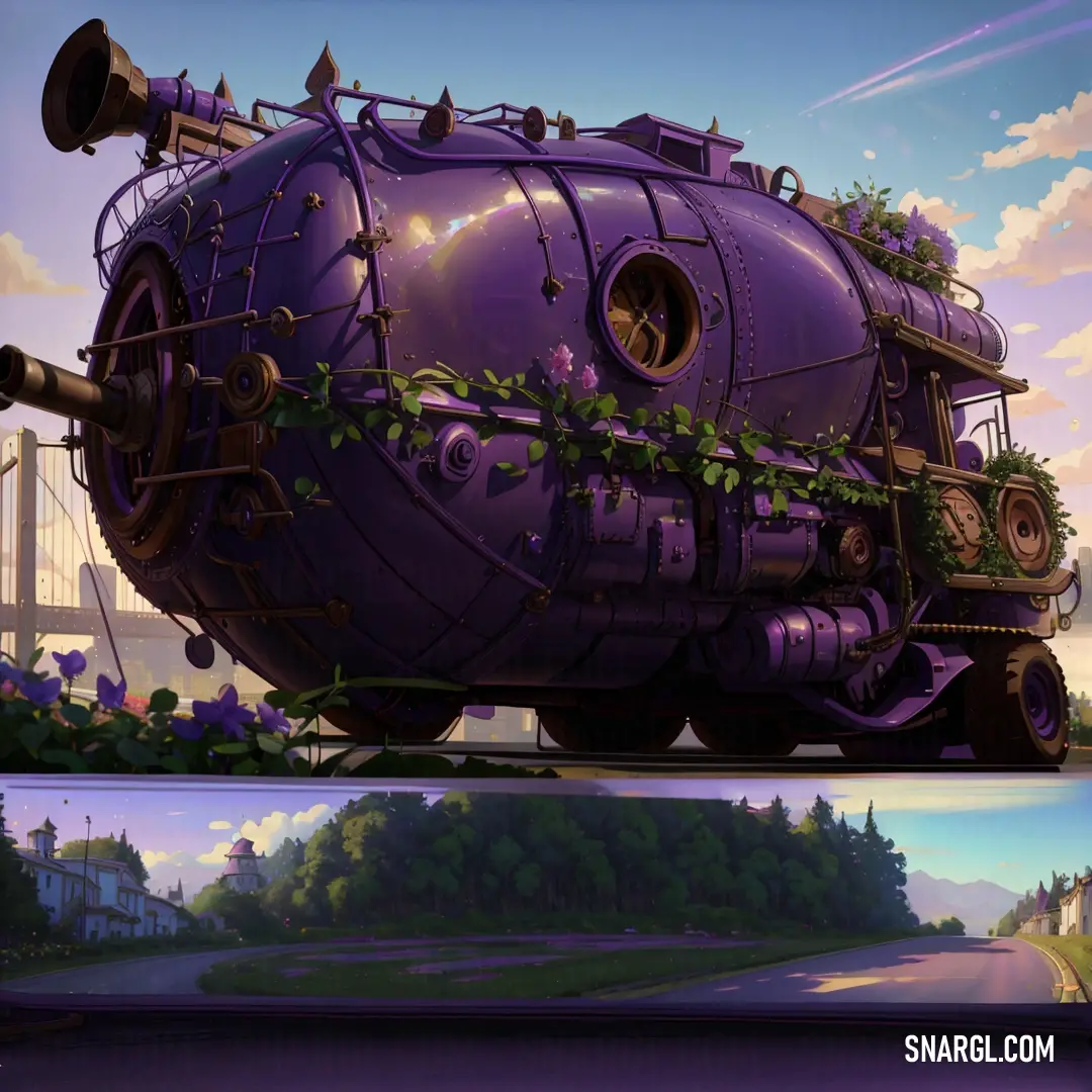 Purple train car with plants growing on it's side and a picture of a bridge in the background. Color Eggplant.