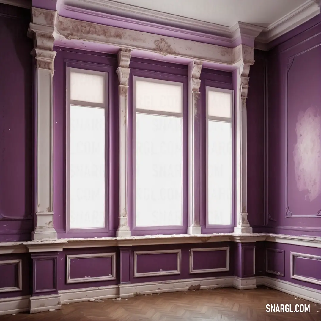 Room with purple walls and wooden floors and a window with white trim and a wooden floor. Color Eggplant.