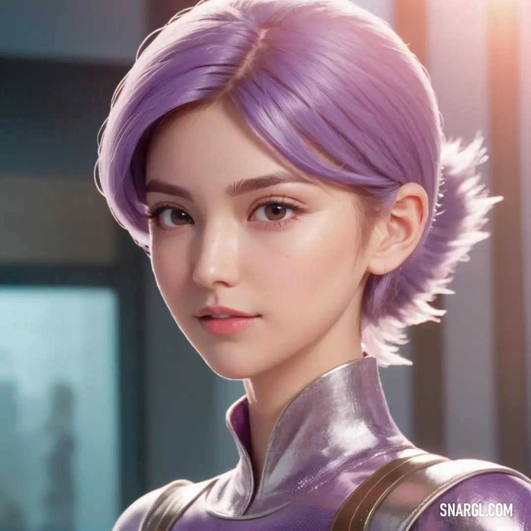 Woman with purple hair and a futuristic outfit is looking at the camera with a serious look on her face. Color Eggplant.
