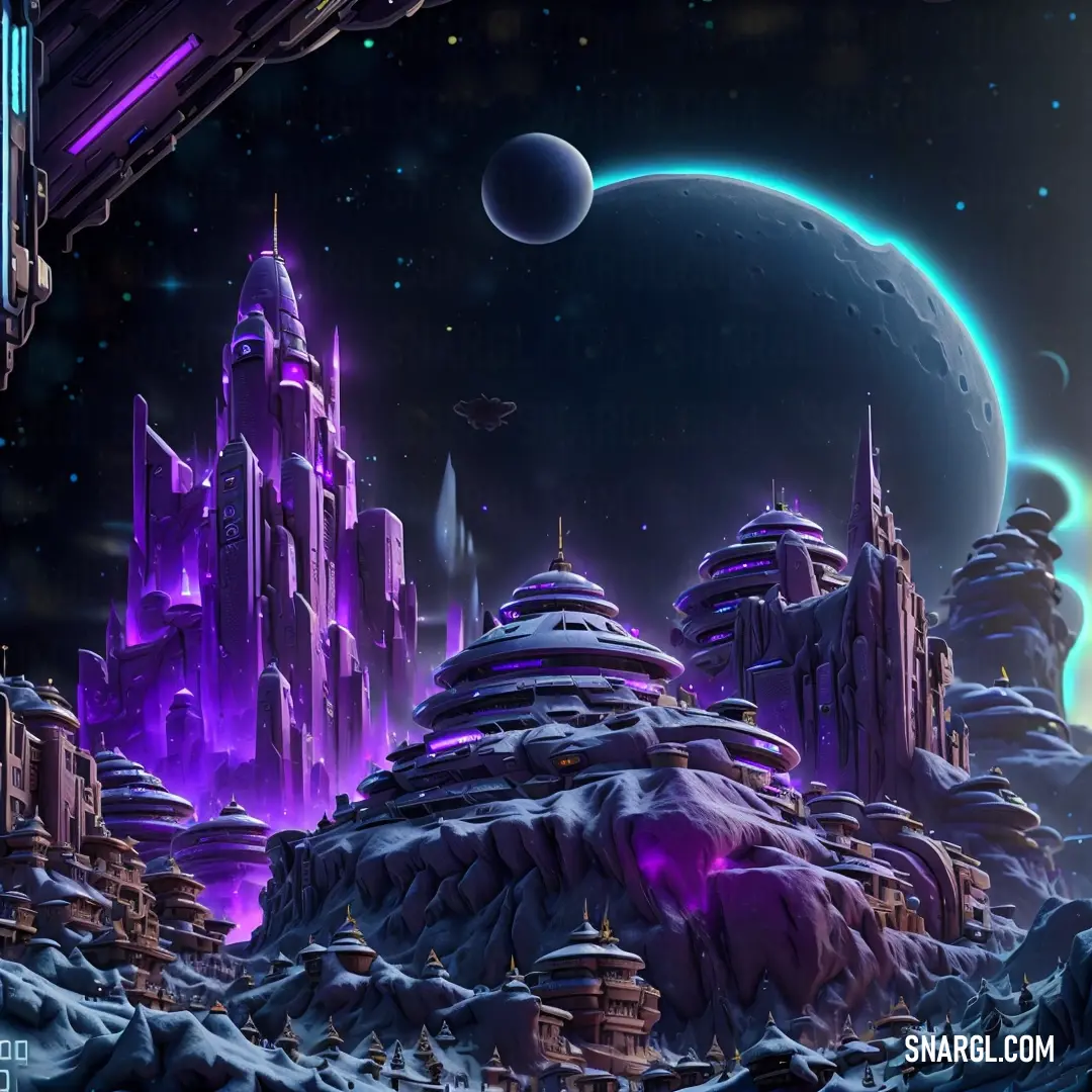 Futuristic city with a futuristic moon and a distant planet in the background
