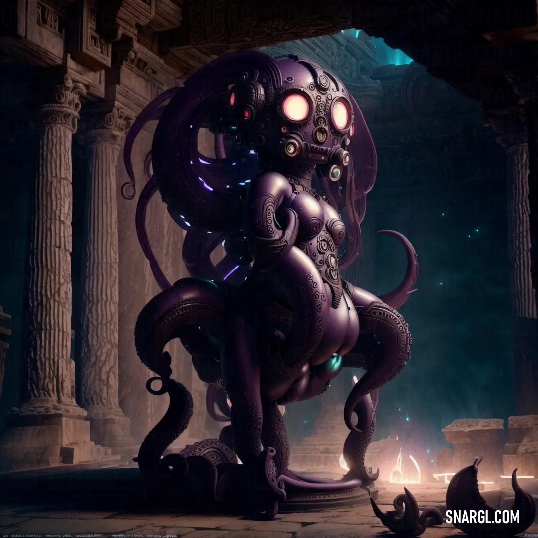 Giant octopus is standing in a room with columns and lights on it's head and legs