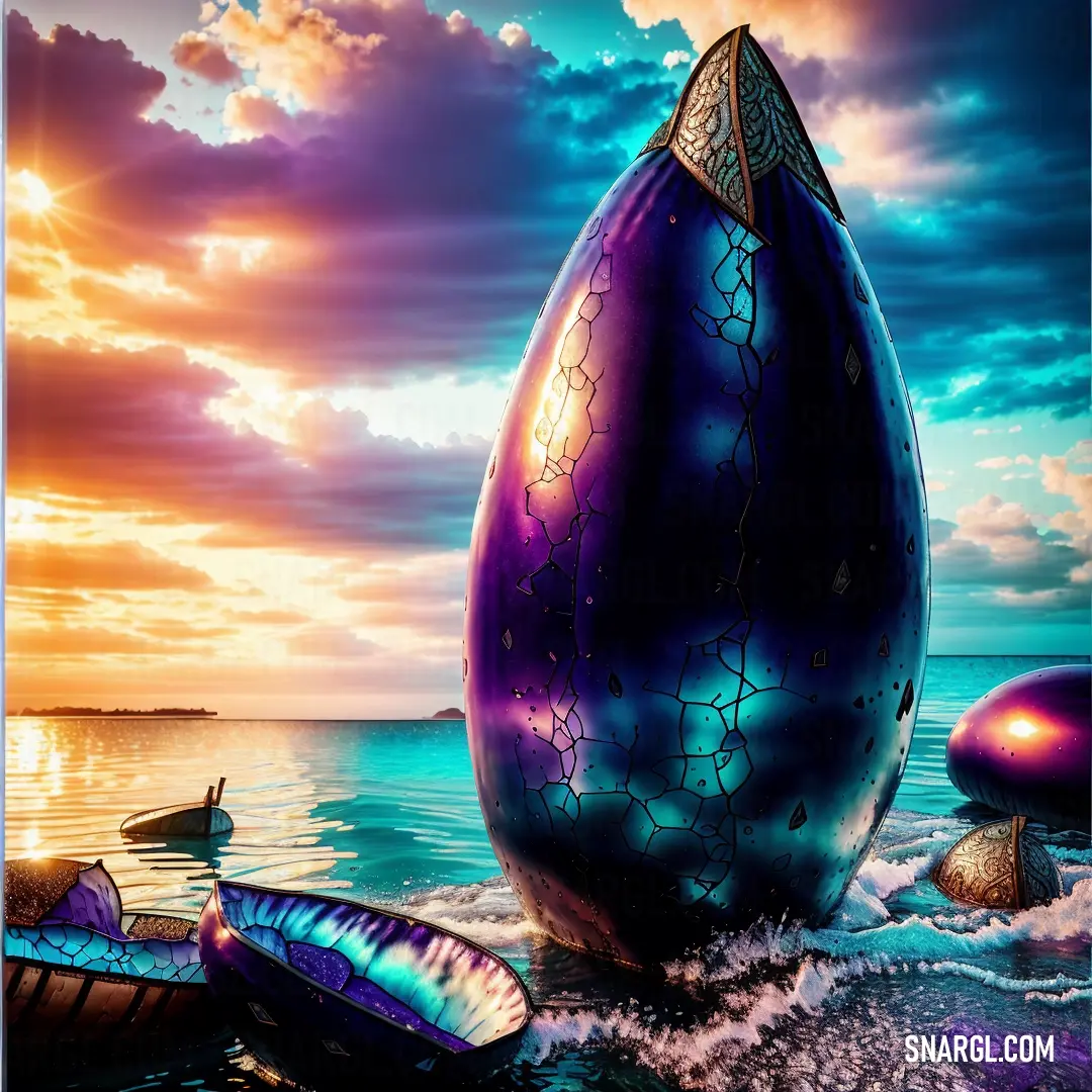 Painting of a large egg in the ocean with a boat in the background