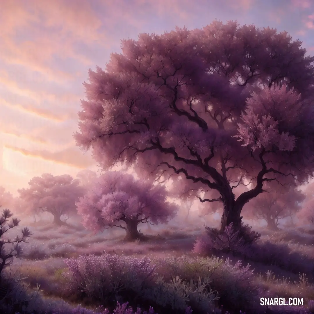 Painting of a tree in a field with purple flowers and a pink sky in the background with clouds