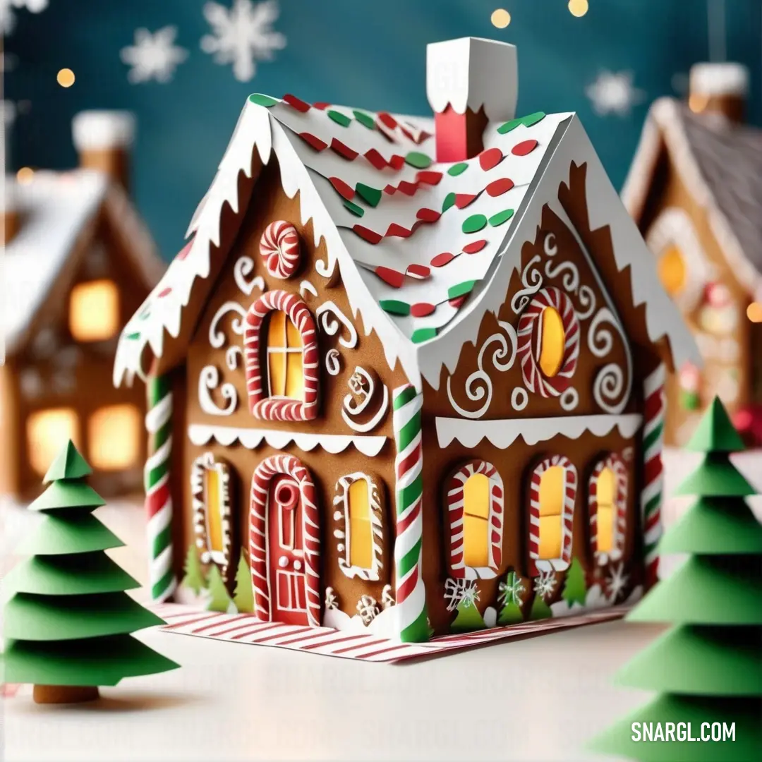 Paper house with a christmas theme on it's roof and trees around it, with a snowflaked background. Color CMYK 0,34,16,62.