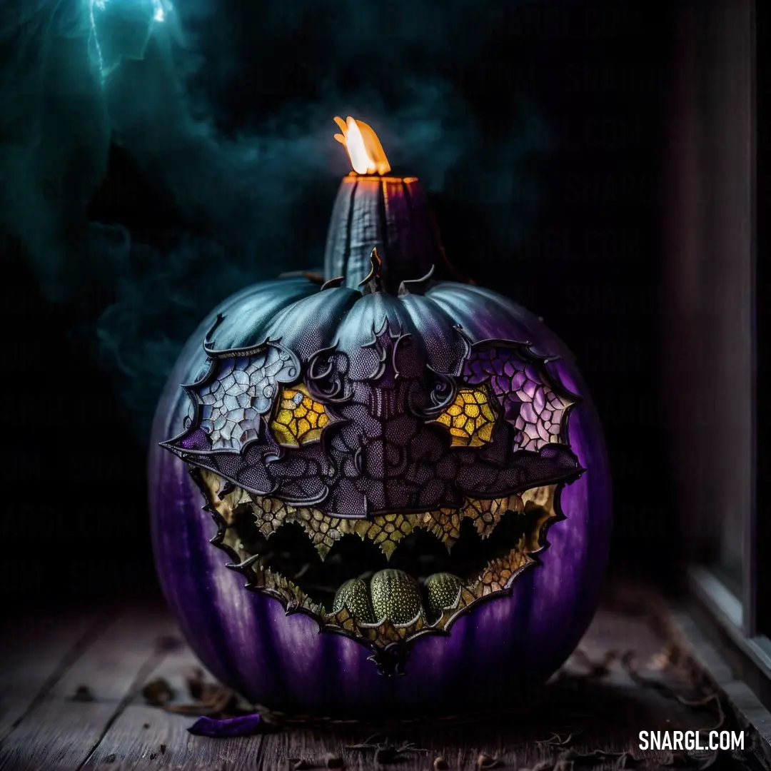 Purple pumpkin with a scary face on it's face and a candle in the middle of it