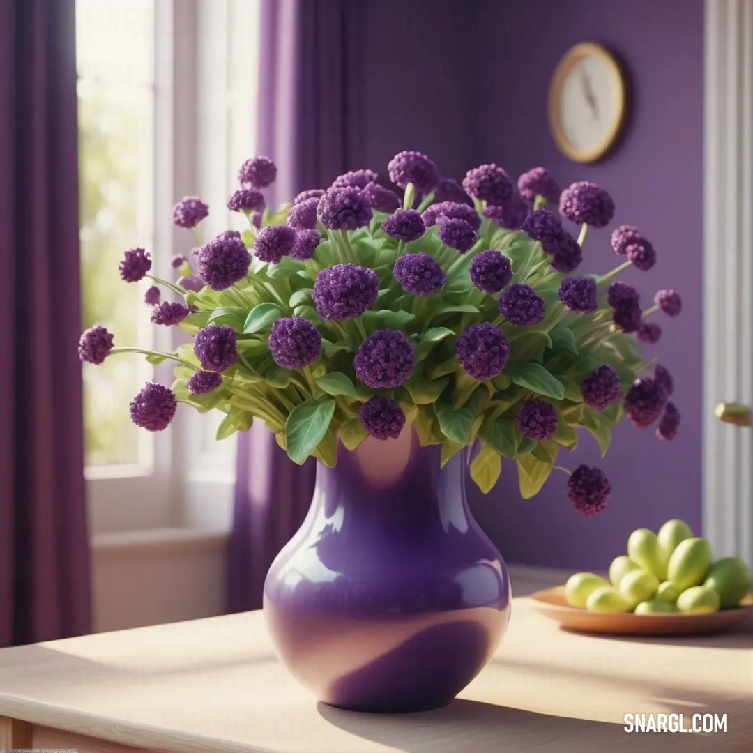 Eggplant color example: Purple vase with purple flowers on a table next to a plate of fruit and a clock on a wall