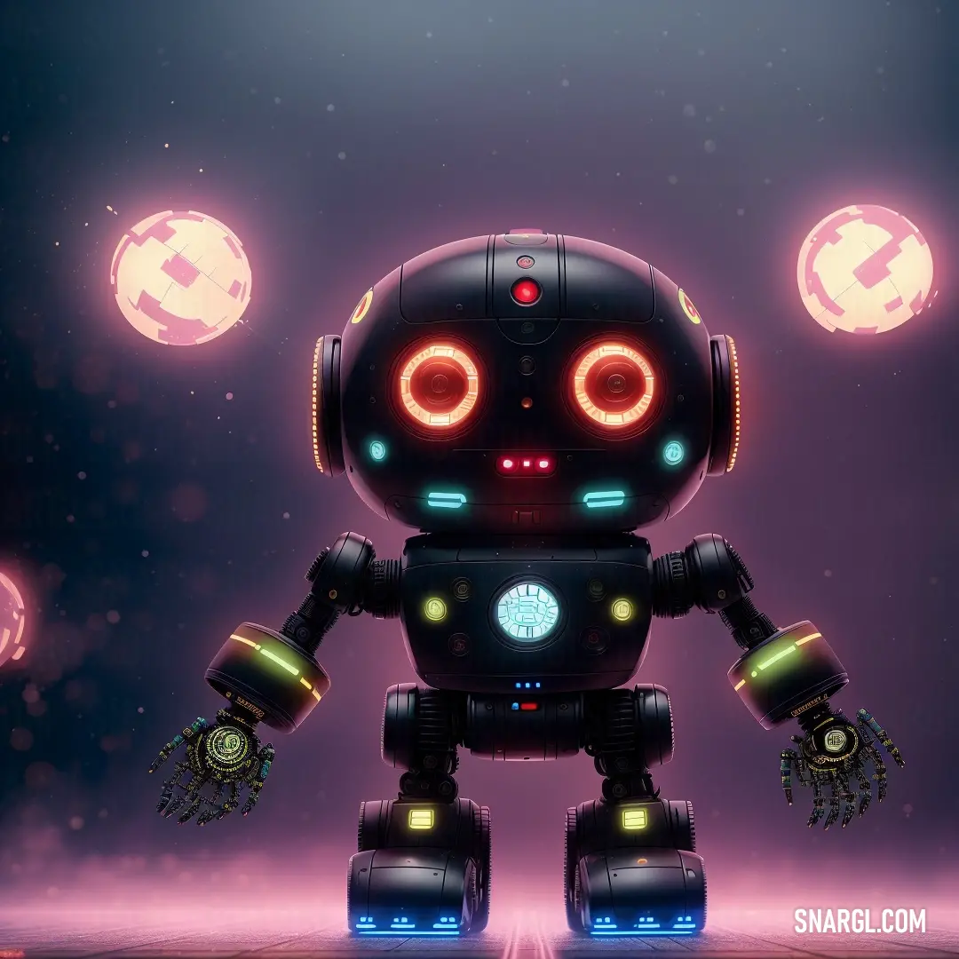 Robot with glowing eyes standing in front of a purple background with glowing circles around it