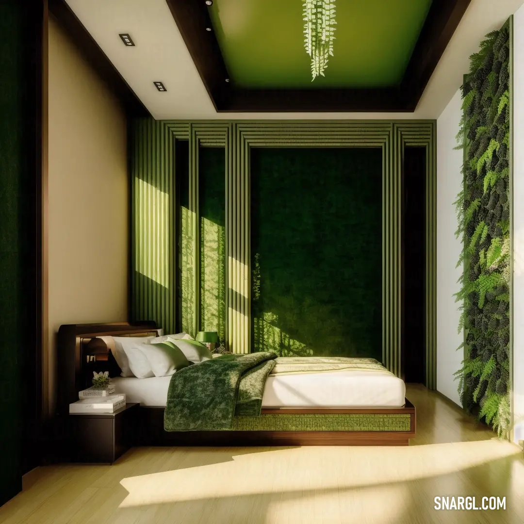 A calming bedroom with soft eggshell walls and a bed, the backdrop highlighted by a vibrant green wall that adds a touch of nature. A tranquil space for peaceful sleep and rest.