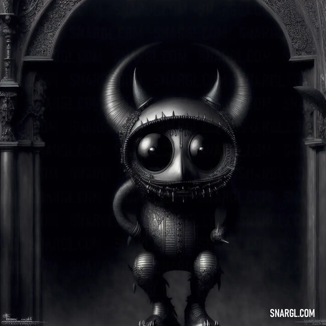 A haunting black and white photograph captures a small figure in a doorway, wearing a demonic mask. The dimly lit scene amplifies the eerie atmosphere as the figure gazes outward with a sense of foreboding.