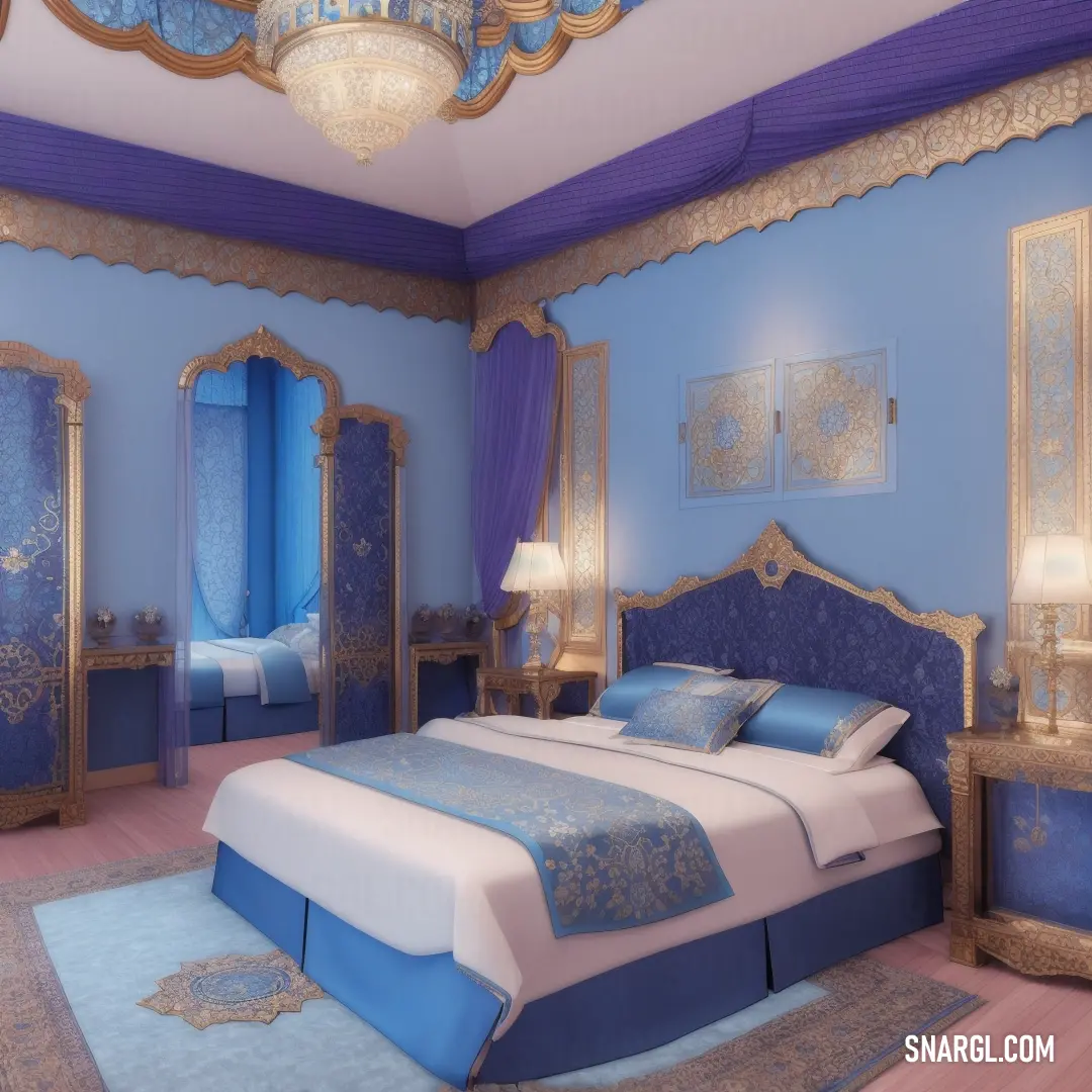 Bedroom with a bed, dressers and a chandelier in it's centerpiece. Color #F0EAD6.