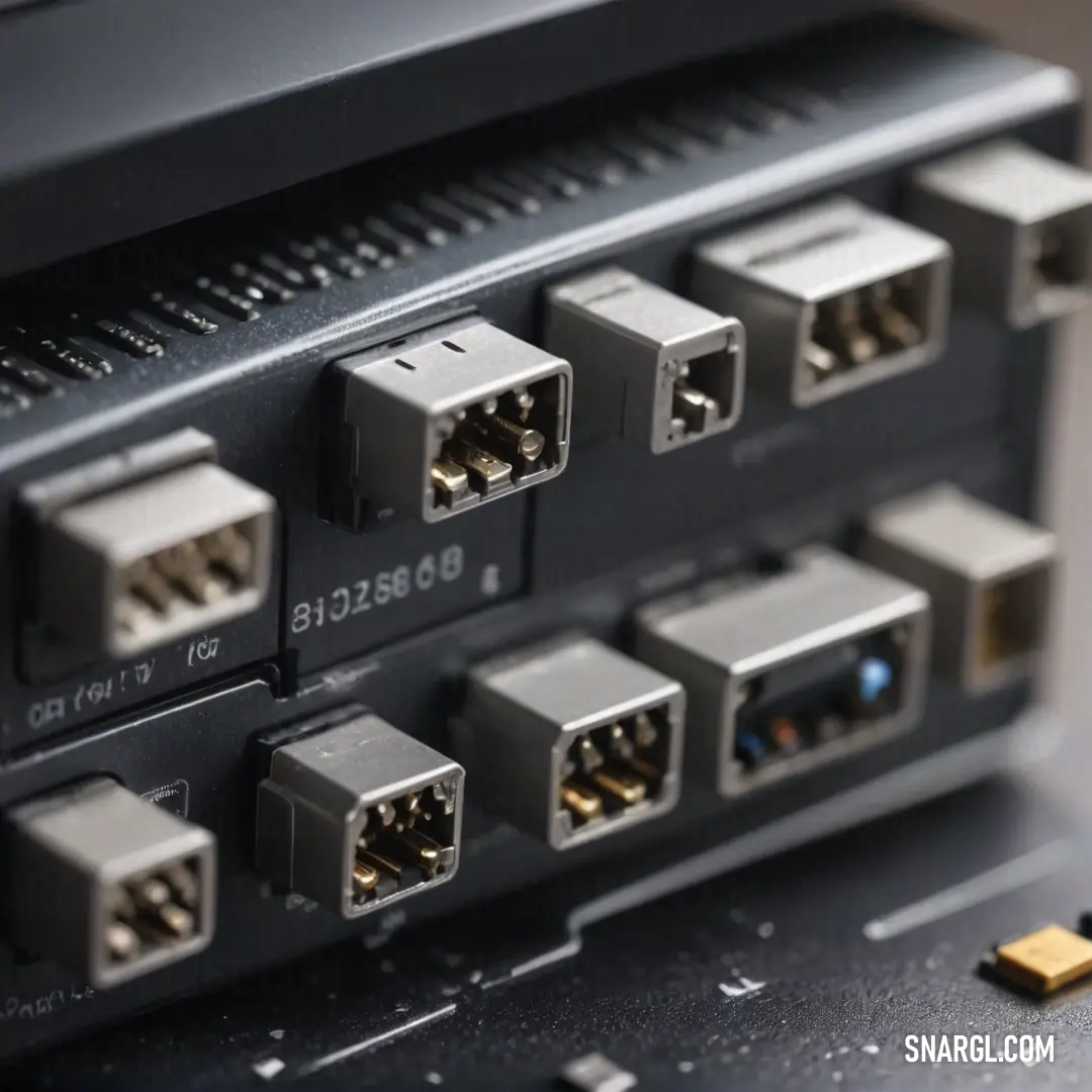 Engaging close-up of a complex network switch adorned with an array of colorful wires and connectors, complemented by a striking gold-plated accessory. This vibrant setup creates a rich tapestry of technology.