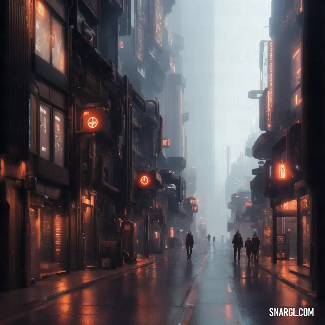 A couple of people stroll down a rain-soaked street at night, with towering buildings lining the sidewalks. Warm streetlights cast a cozy glow, reflecting off the wet pavement. The atmosphere is serene and intimate, with droplets of rain gently falling ar