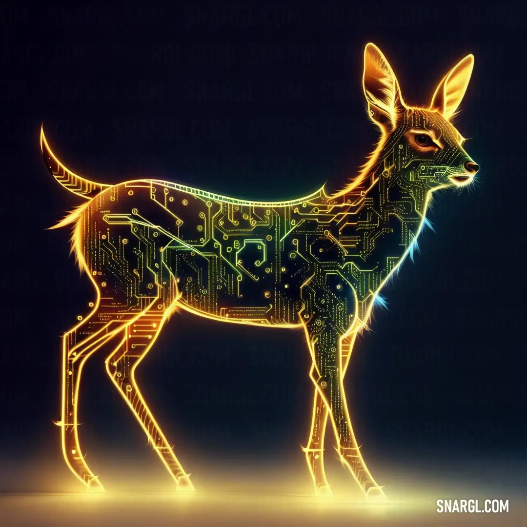 A digital rendering of a deer, its body and head covered in an intricate circuit board pattern. The contrast between nature and technology creates a fascinating, futuristic look.