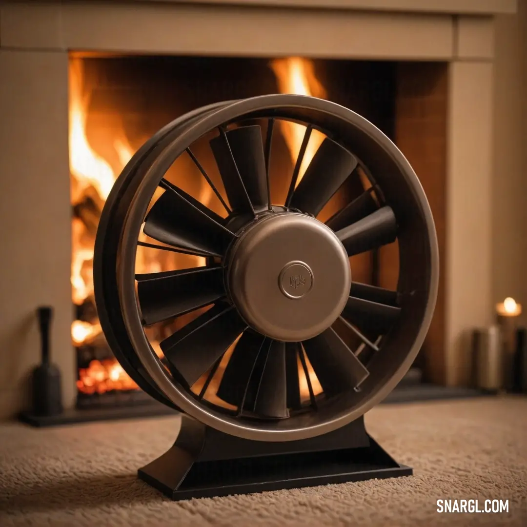 A sophisticated eggshell-colored fan elegantly positioned on a stand, creating a tranquil air flow in front of a cozy fireplace. Flickering candles illuminate the space, casting a warm glow that enhances the peaceful ambiance of the room.