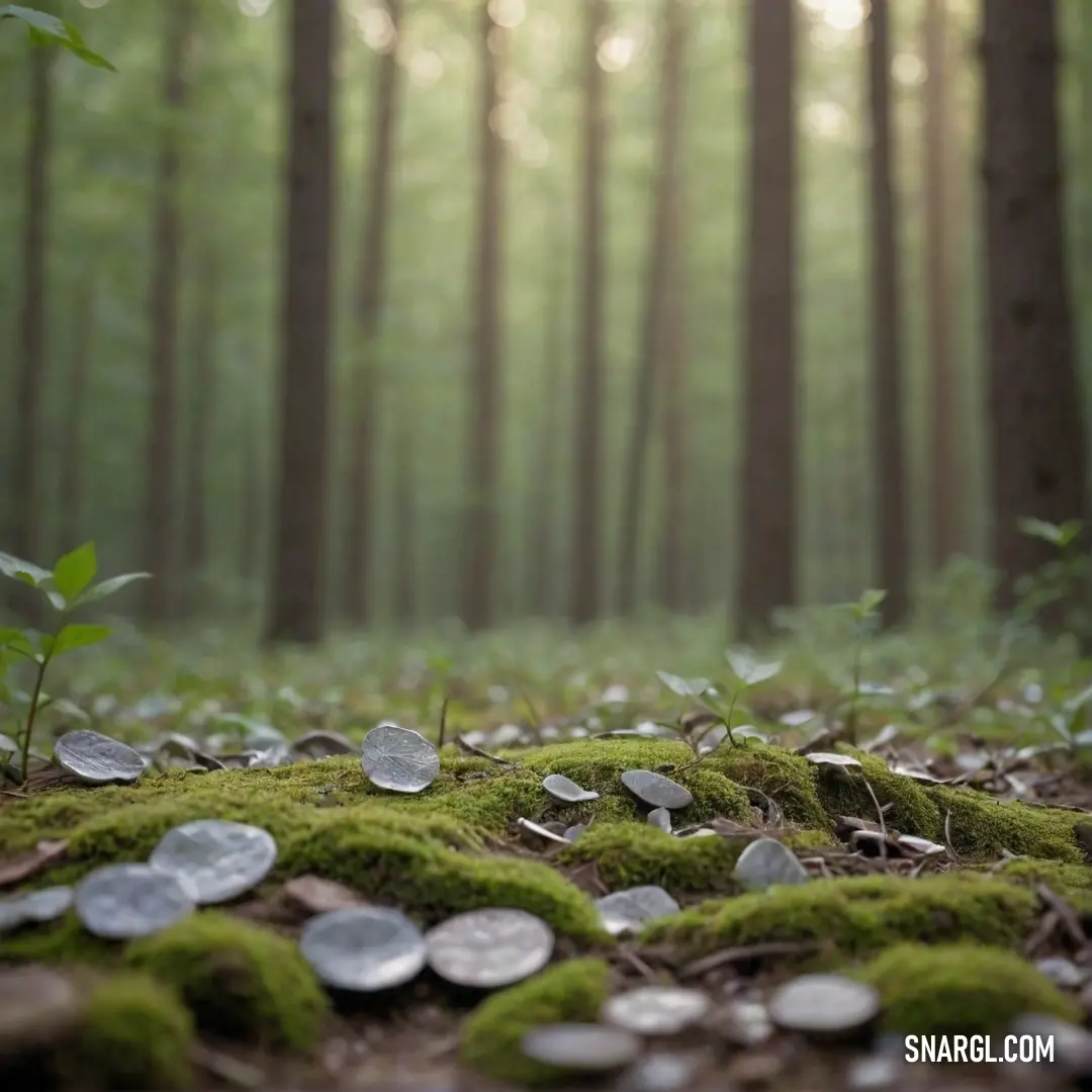 An enchanting forest scene where coins glimmer like treasures scattered on the forest floor, surrounded by towering trees that evoke a sense of magical realism. The subtle Eggshel color enhances the whimsy of this captivating landscape.