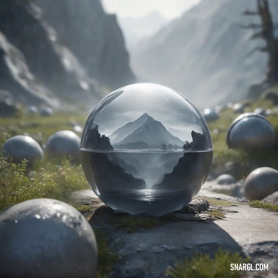 A delicate glass ball resting atop a rocky ground, with distant mountains and grassy boulders in the background. The soft, muted eggshell color enhances the scene's serene, almost ethereal atmosphere.