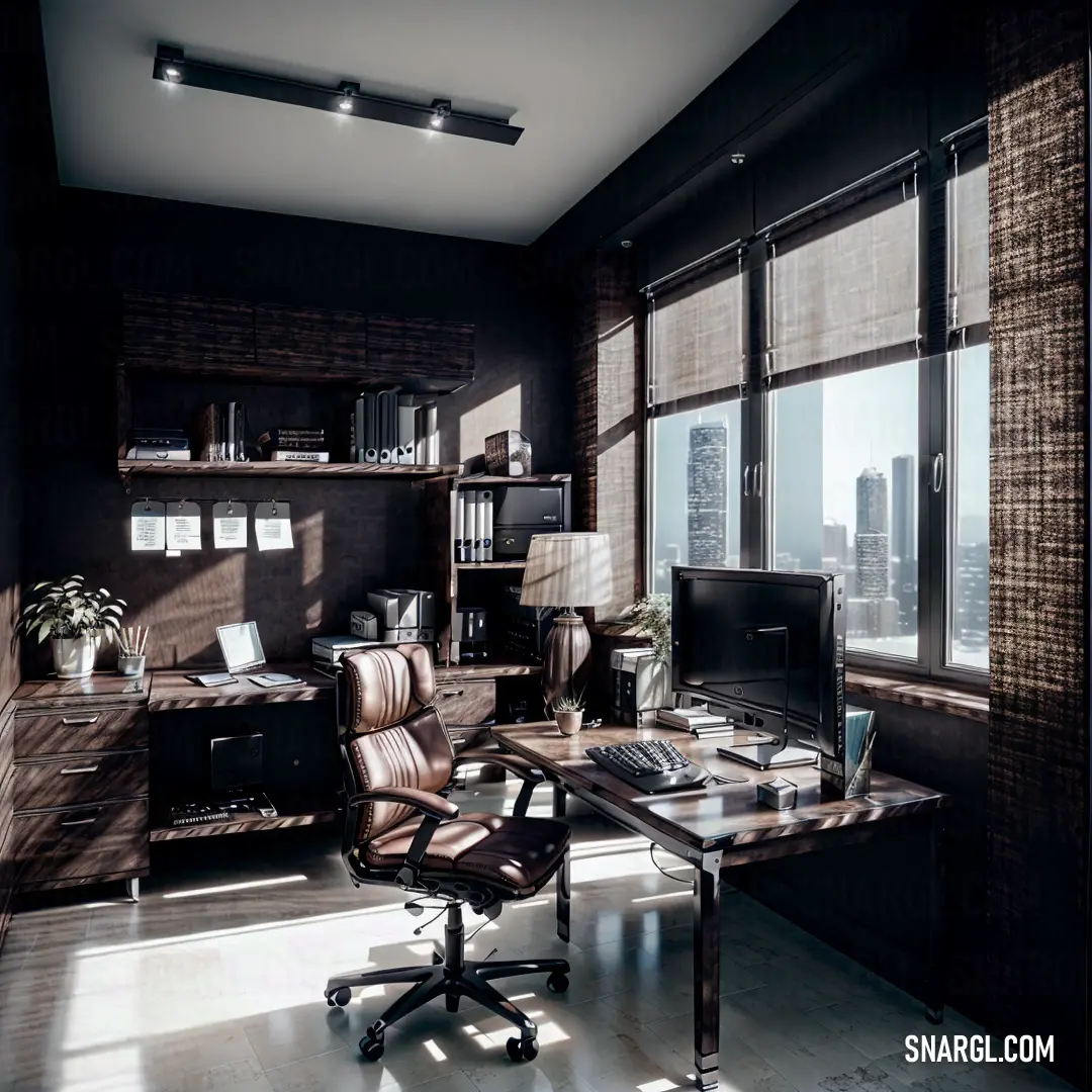 A cozy home office setting with a clean desk and a comfortable chair placed before a window. Outside, a city skyline stretches out under the soft light of the day, offering a perfect balance of work and inspiration.