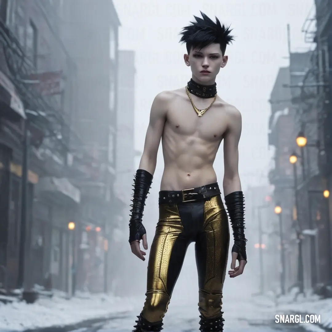 A trendy man with spiked hair showcases an eye-catching outfit of shimmering gold pants as he stands boldly in a snow-covered urban street, making a striking statement amidst the wintry backdrop.