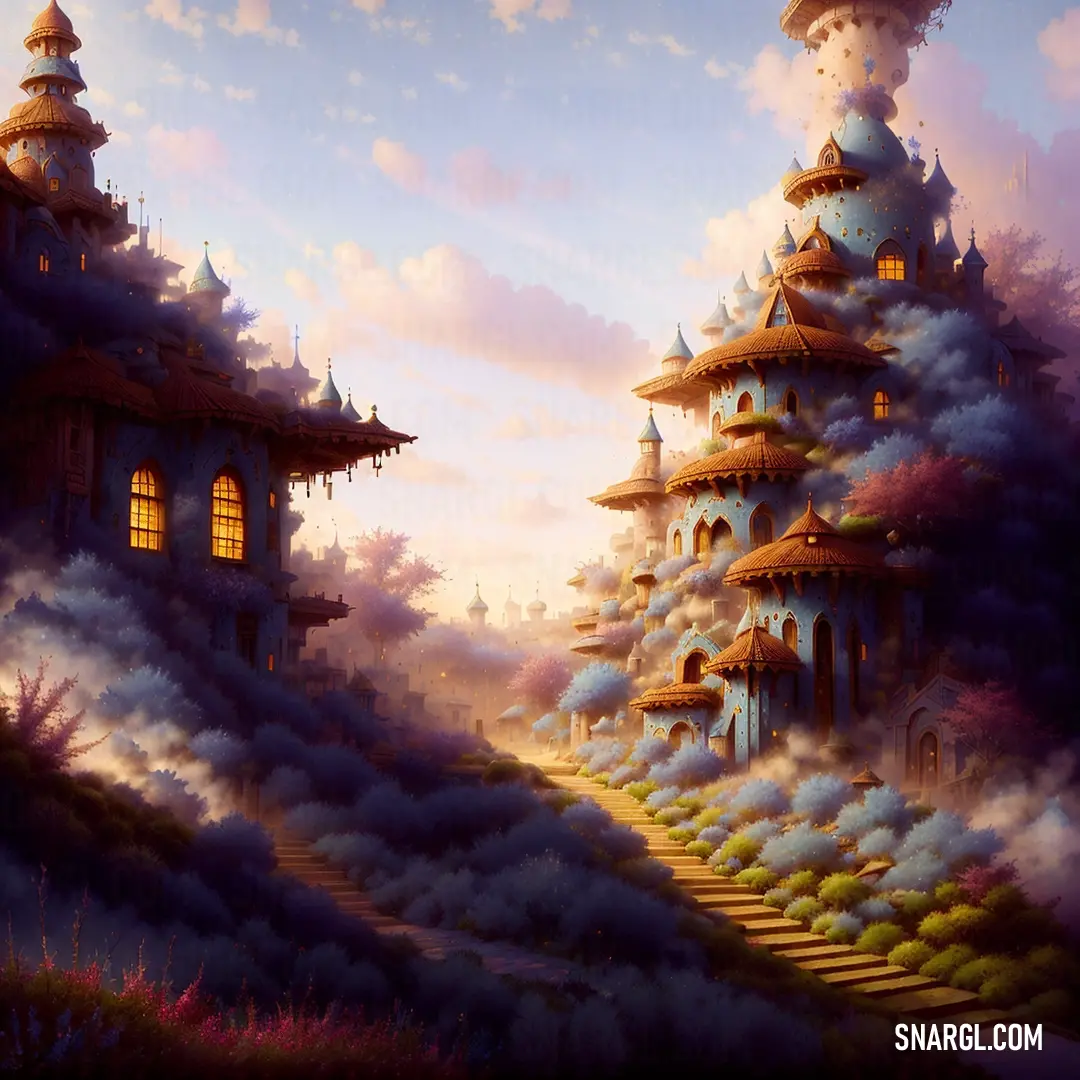 A majestic castle floats above the clouds, its towering spires connected by a winding staircase that reaches toward the heavens. The serene and dreamlike scene transports you to a world of fantasy and wonder.