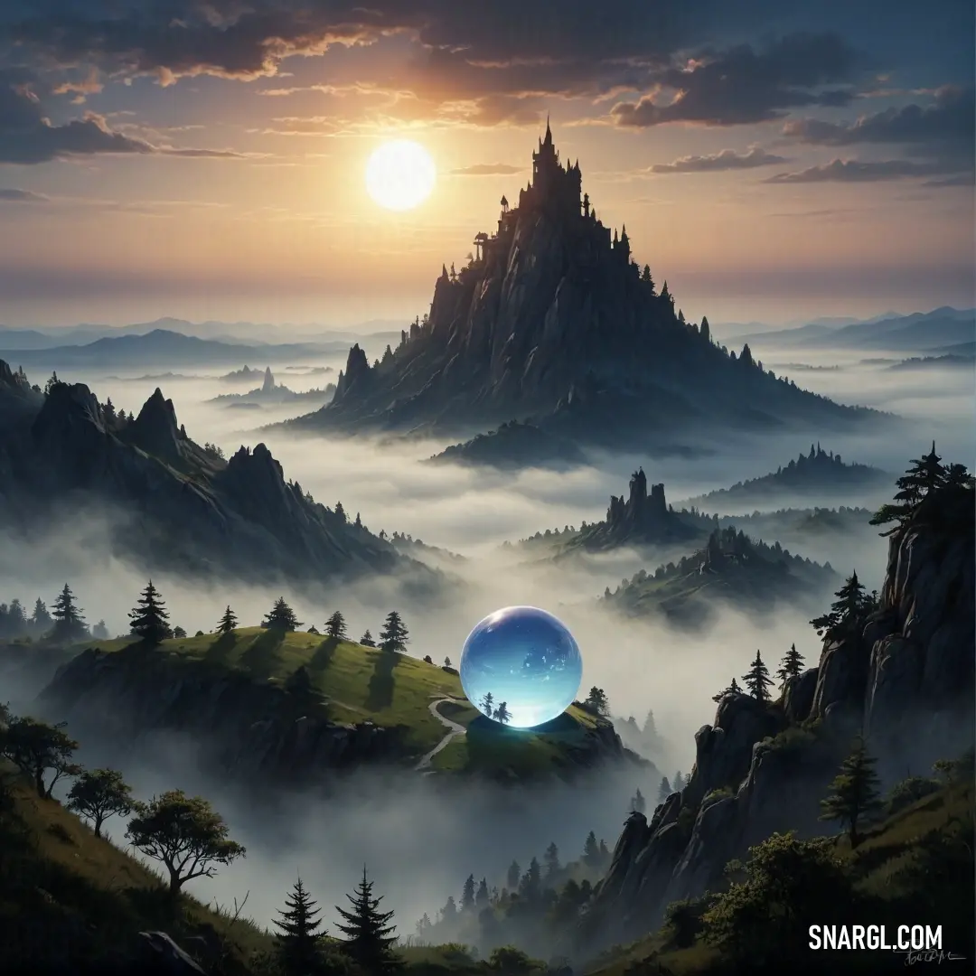 A dramatic painting depicting a majestic mountain landscape with a massive ball in the center, blending natural grandeur with surreal geometric presence. The color palette evokes a soft, muted feel.