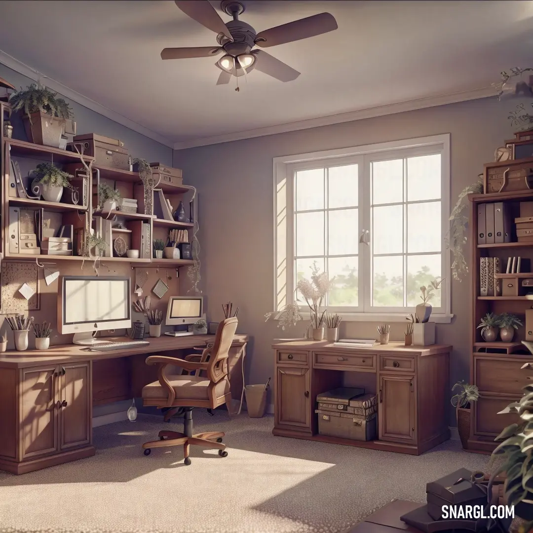 A cozy room with a sleek desk and a comfortable chair, all bathed in a soft eggshell-colored light that creates a calm and inviting atmosphere. Perfect for focusing or relaxing.