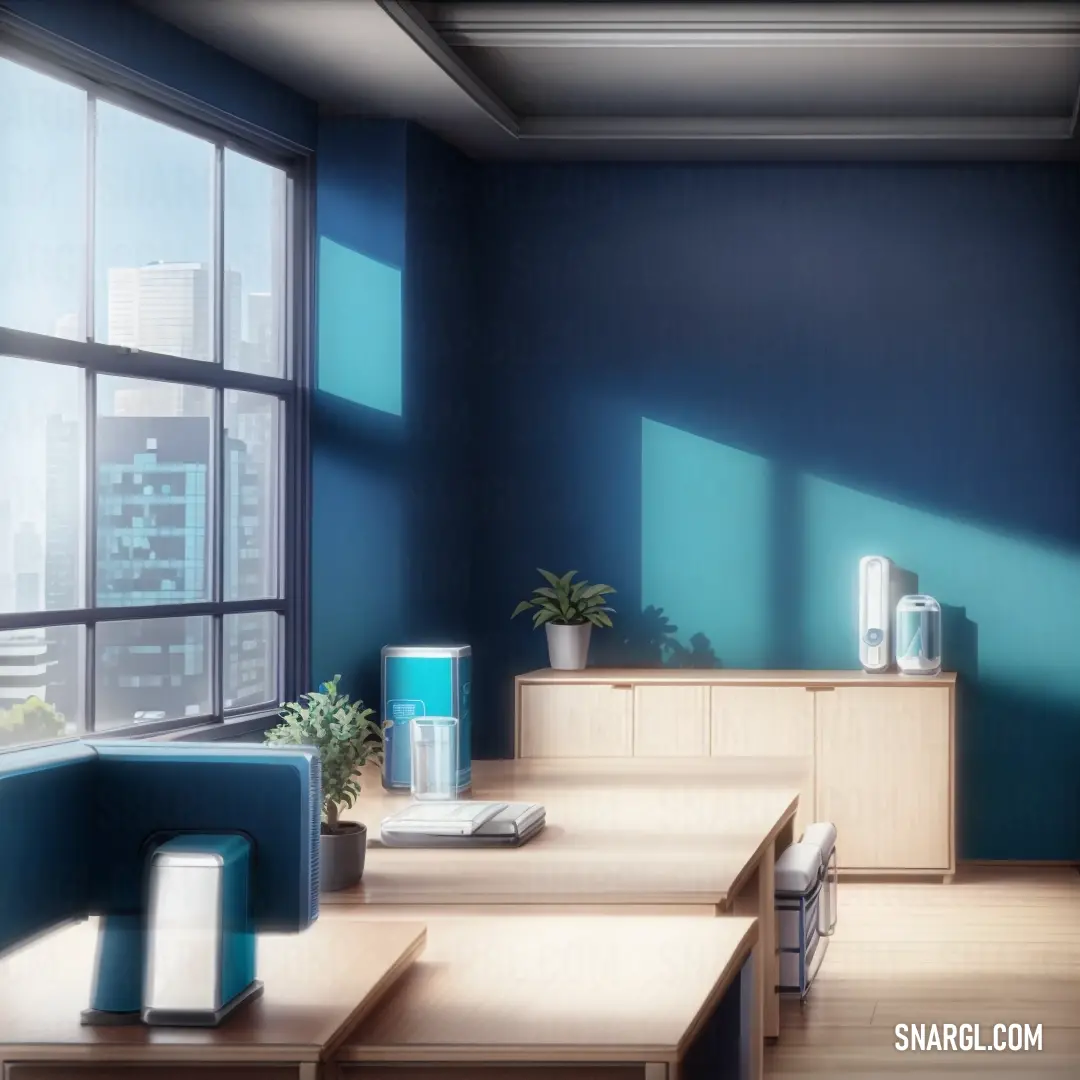 Eggshell color example: Room with a table, couch and a window with a city view outside of it