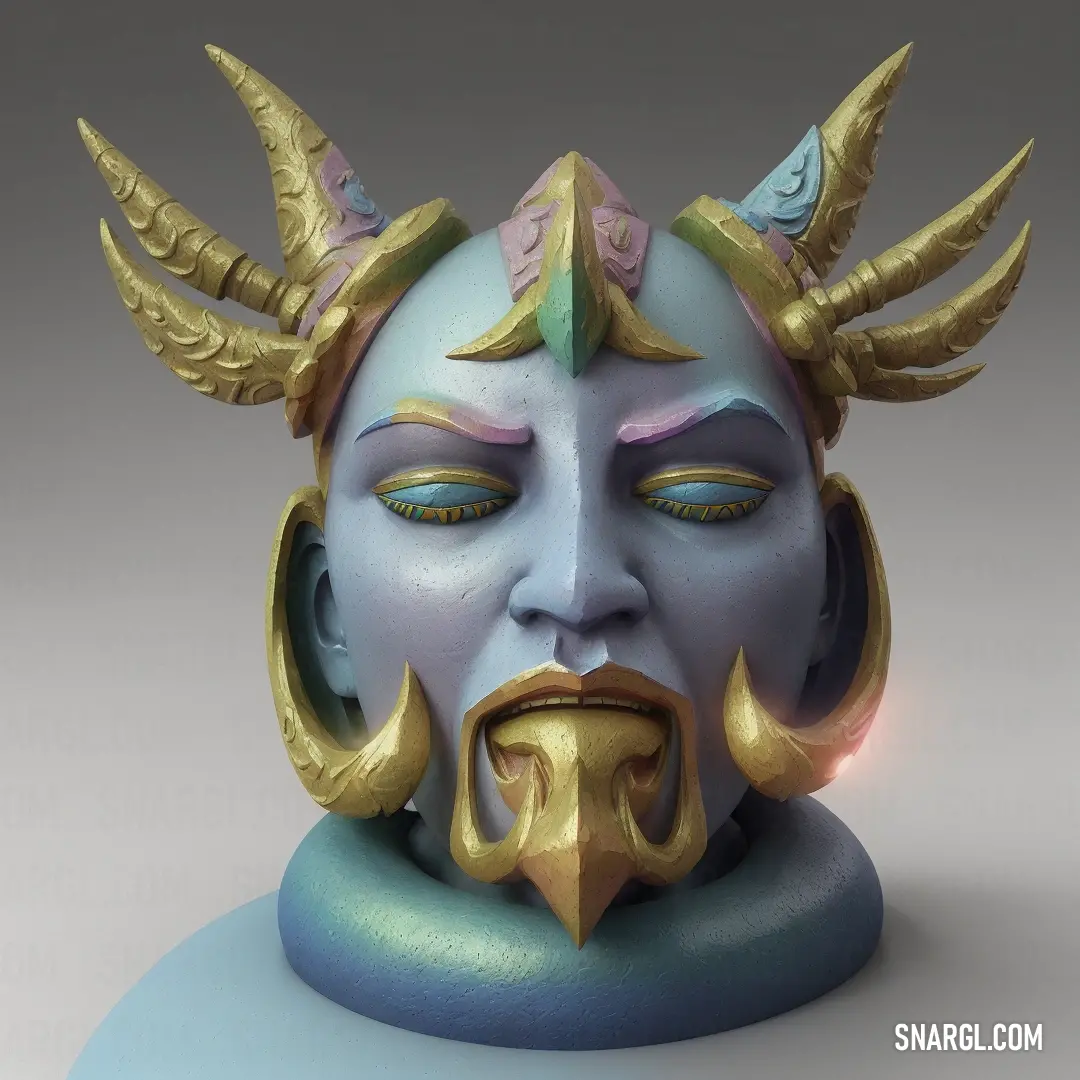 A statue of a horned man with golden horns towers against a vibrant blue backdrop. The intricate details of his face and the lustrous horns shine, giving the piece an otherworldly, powerful presence.