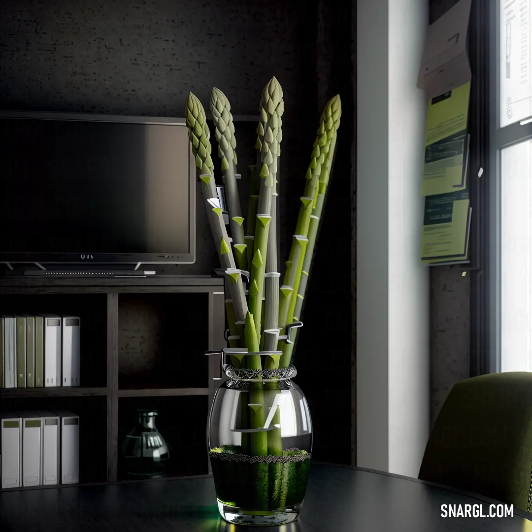 A glass vase filled with lush green plants sits on a table, placed perfectly in front of a TV and a window. The soft eggshell tones of the room enhance the peaceful, organic vibe of the space.