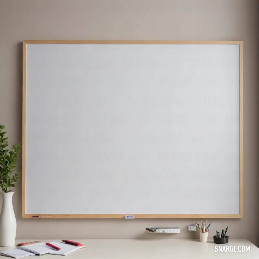 A whiteboard mounted on a wall sits next to a vibrant vase brimming with greenery, complemented by pens and pencils, creating a lively workspace that encourages creativity.