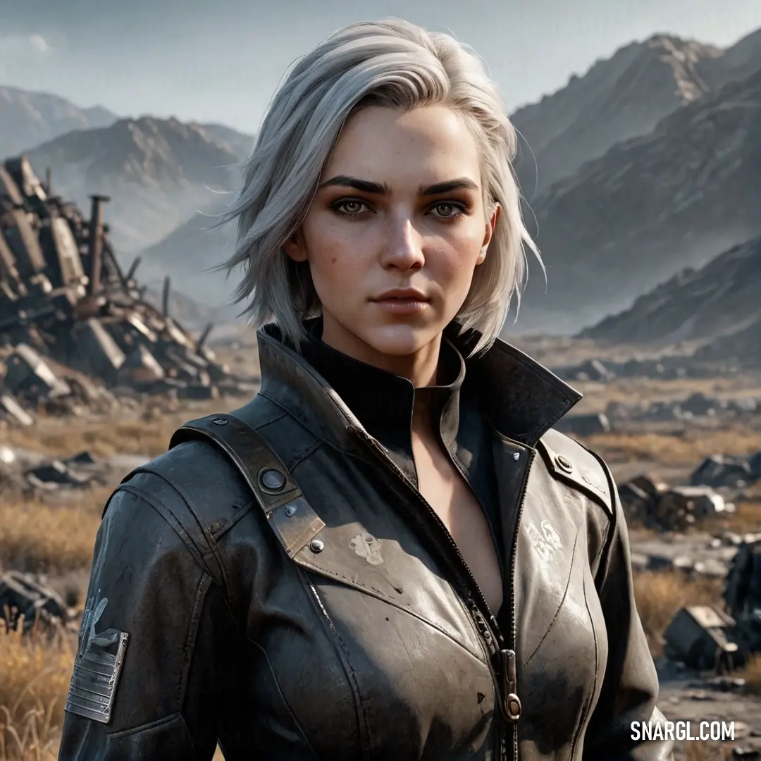 A bold woman dressed in a sleek leather jacket stands confidently in a stunning desert landscape, where majestic mountains rise in the distance, creating a striking harmony between fashion and nature.