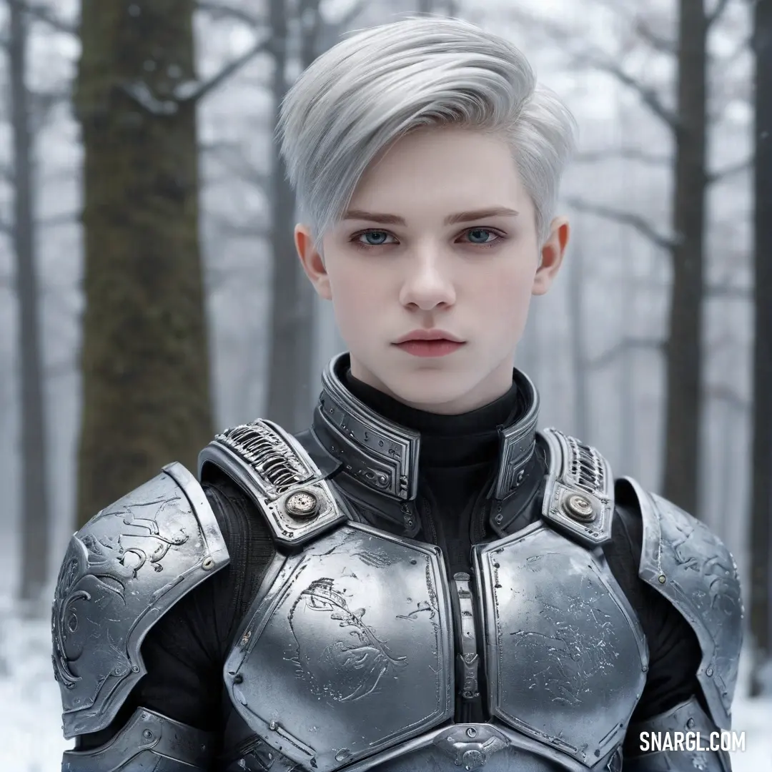 A valiant woman is portrayed in shimmering silver armor, standing majestically in a snowy landscape. The glistening snow blankets the ground, while a backdrop of towering, snow-covered trees creates an enchanting winter scene.