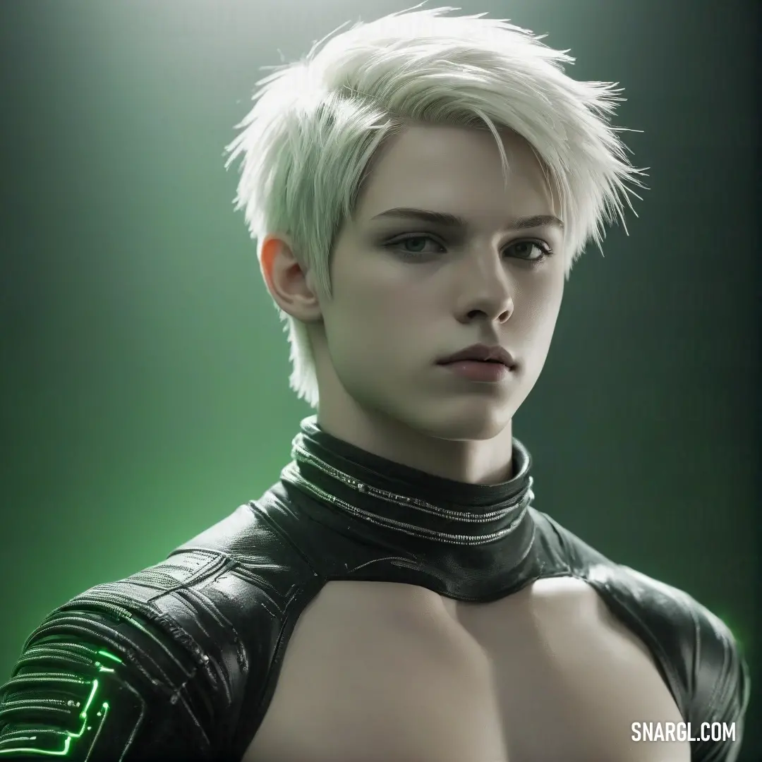 A woman with striking short white hair dazzles in a fitted leather outfit accentuated by vibrant neon lights. The illumination on her chest adds a futuristic twist, making her a beacon of style and boldness in the dark.