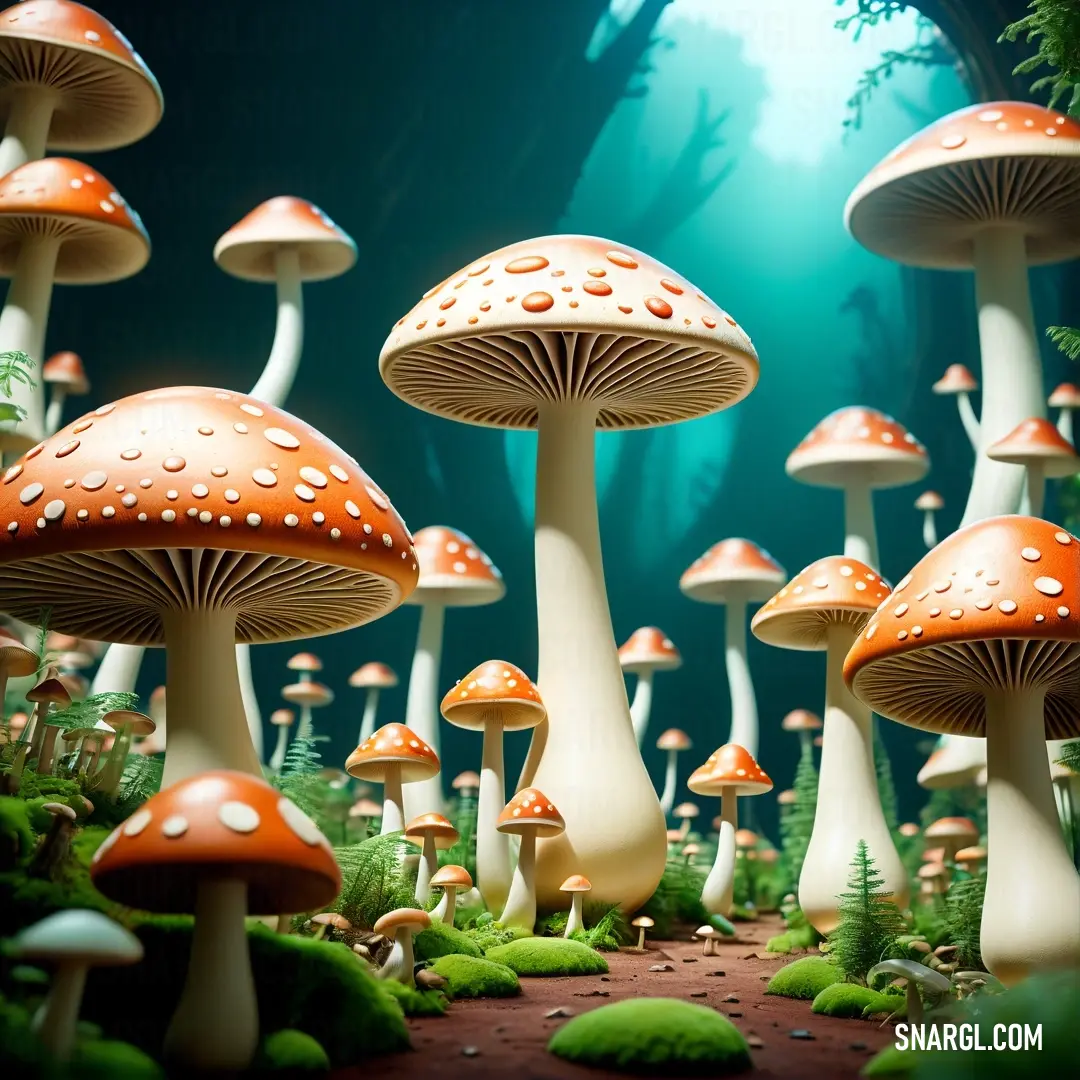 Group of mushrooms in a forest with moss and trees in the background. Example of RGB 240,234,214 color.