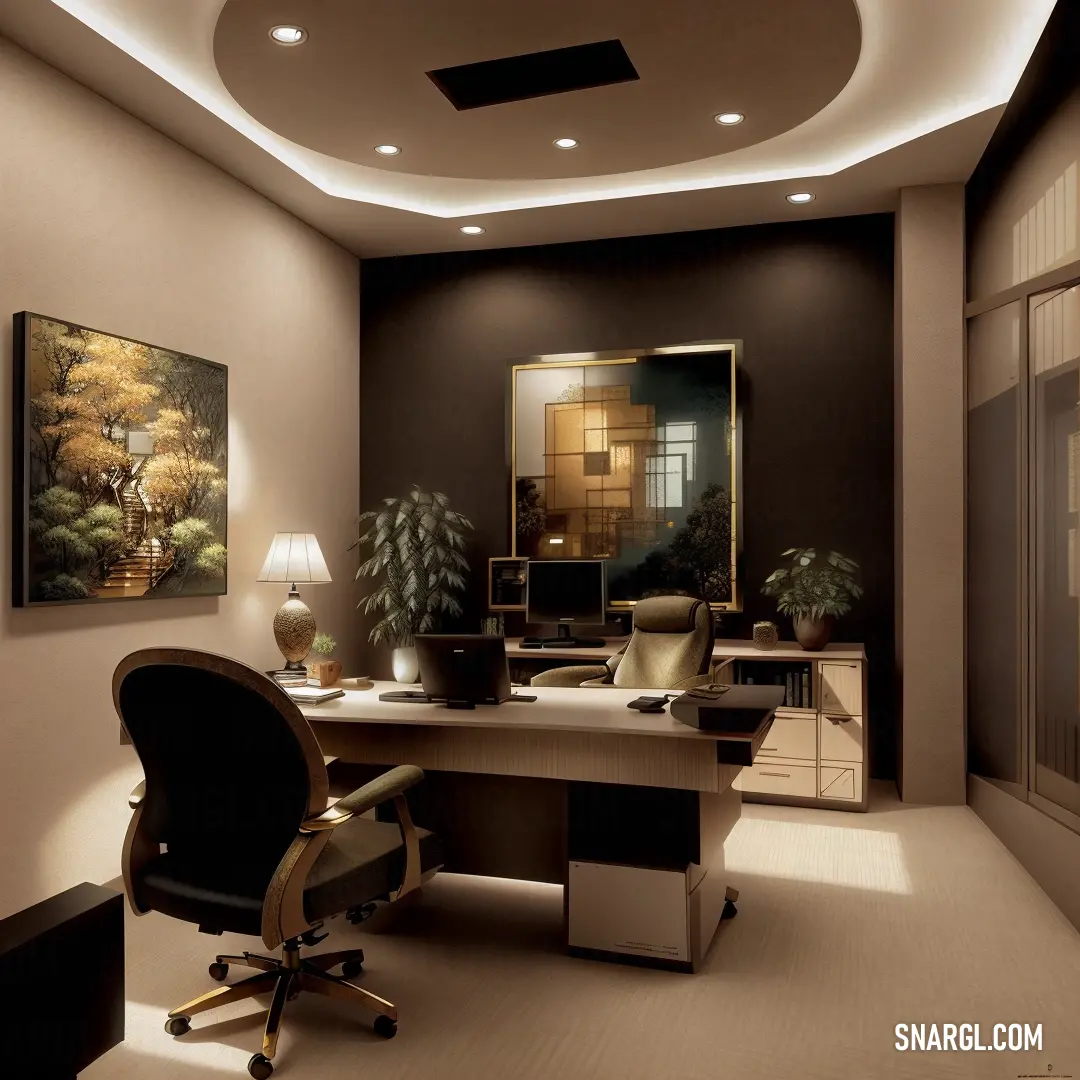 A modern home office with a clean desk, comfortable chair, and a painting above it. The room exudes a calm, productive energy, with soft lighting and a gentle color palette enhancing focus and relaxation.