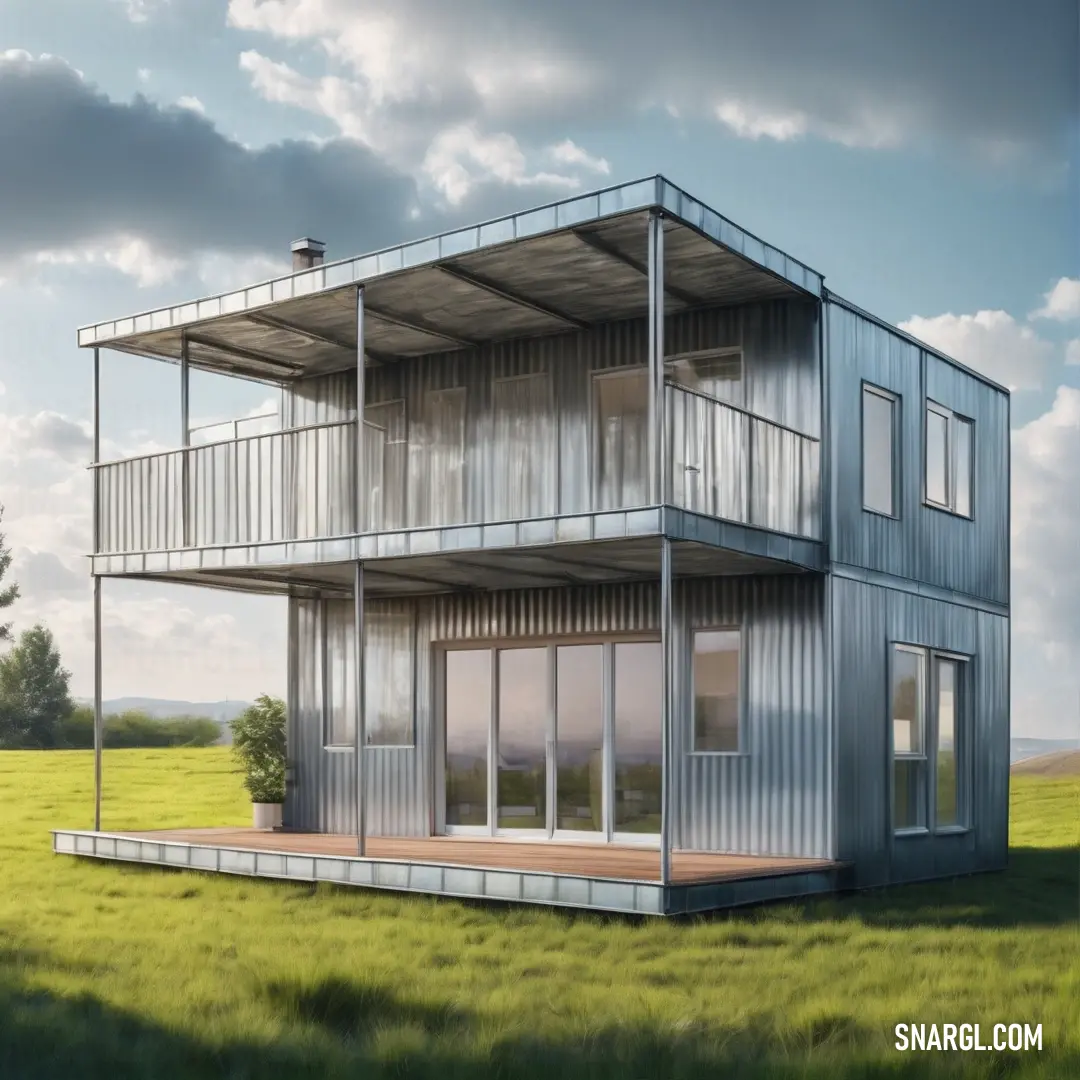 A unique house constructed from shipping containers, situated in a green field under a dramatic cloudy sky. This innovative design represents a sustainable lifestyle and creativity in modern architecture.