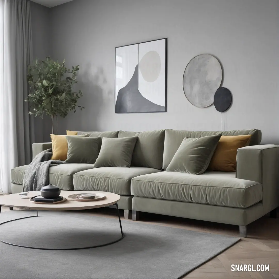 A stylish living room featuring a plush couch and elegant table, illuminated by natural light streaming through the large curtained window. A captivating painting decorates the wall, adding character to the inviting space.