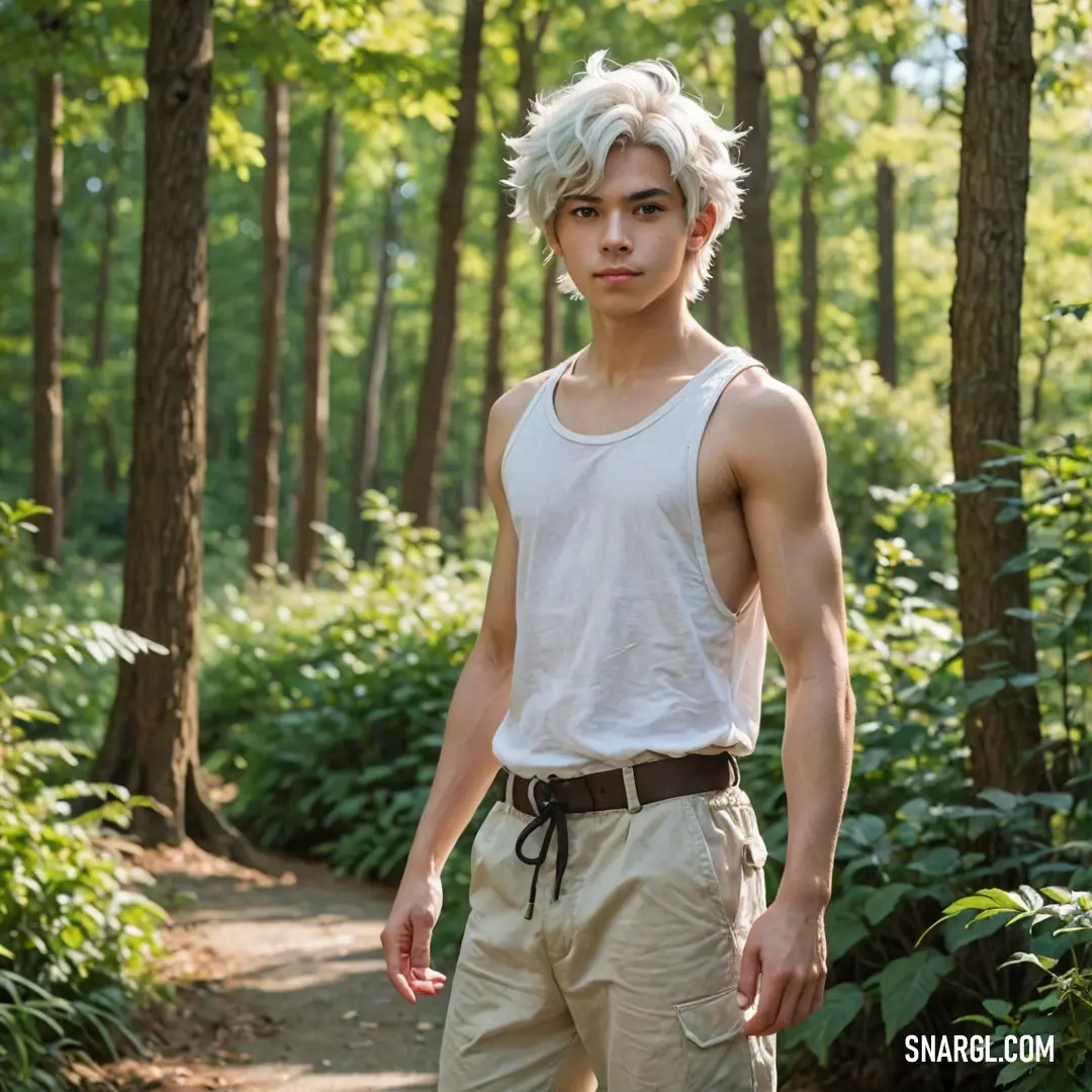 Man with a skateboard in a forest area with trees and bushes behind him. Example of RGB 240,234,214 color.