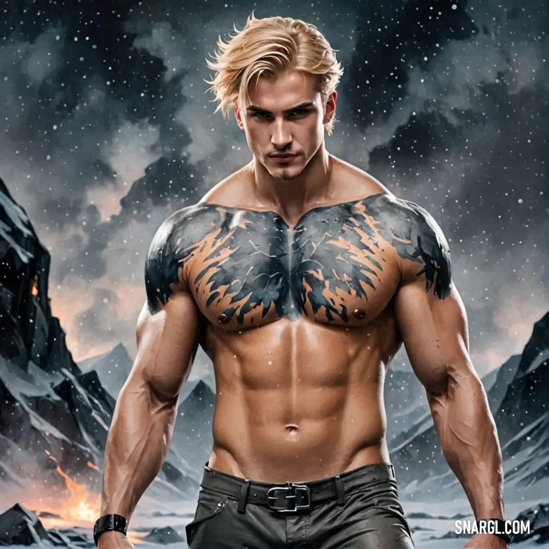 A muscular man tattooed on his chest stands boldly in front of a dramatic mountain range, surrounded by a flickering fire, perfectly balancing strength and nature's fierce beauty with a serene ambiance.