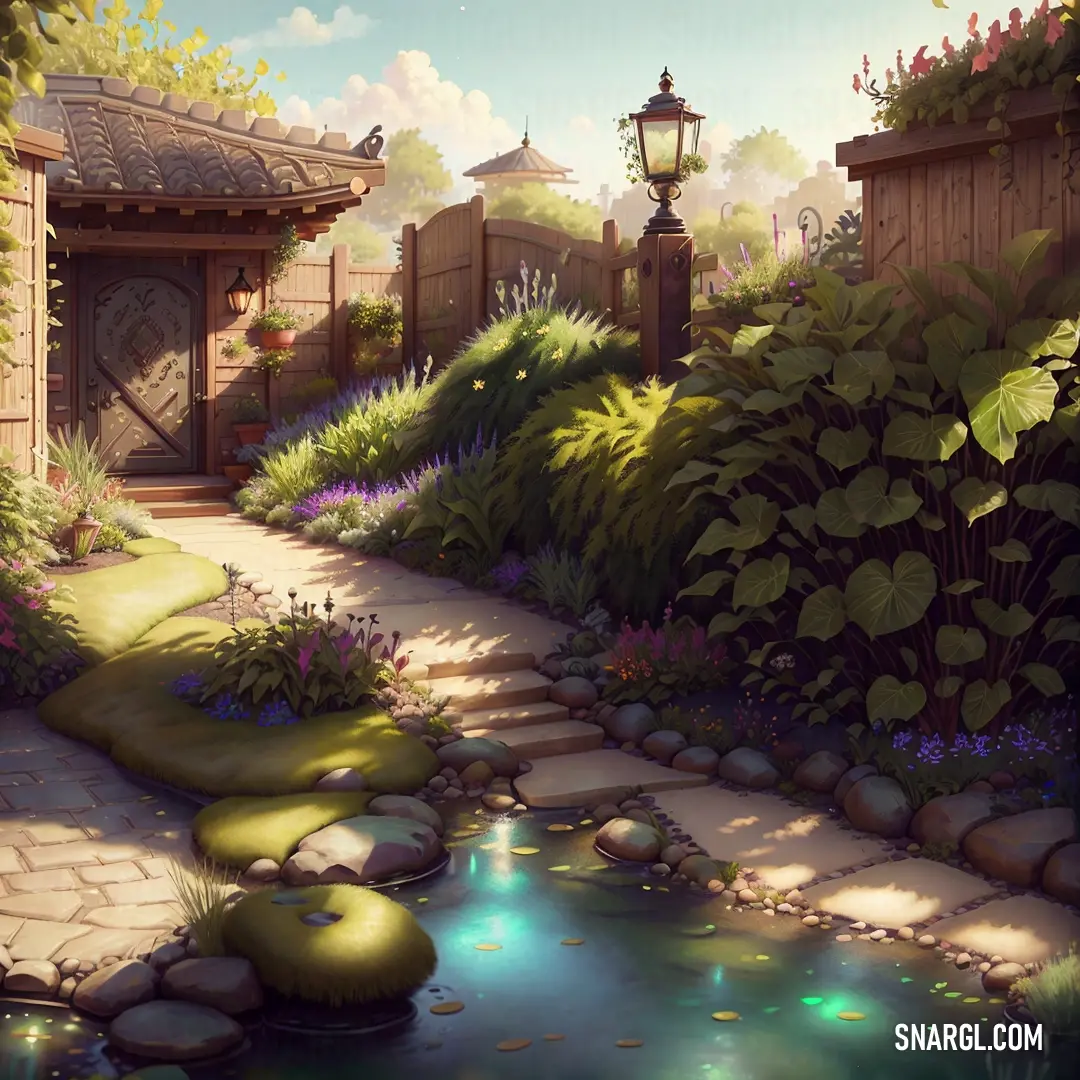 Painting of a garden with a pond and a lamp post in the background and a path leading to a building